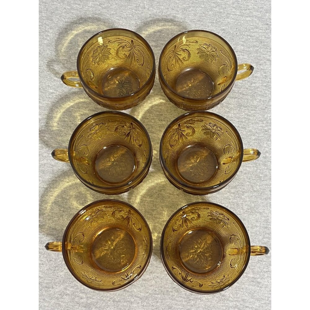 Vintage Amber‎ Glass Coffee Tea Cups Set of 6 Federal Madrid Floral Scroll Retro